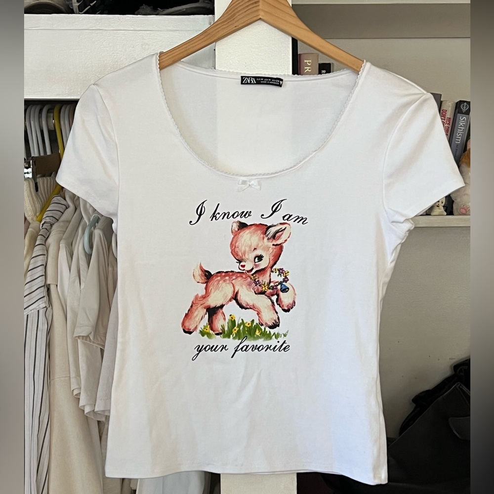 Zara White Tee with Deer Graphic